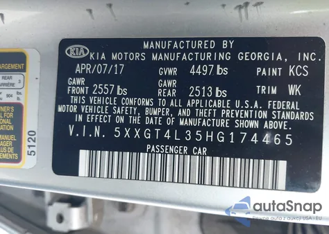 2017 Kia Optima Lx z USA, uszkodzony, nr VIN 5XXGT4L35HG174465